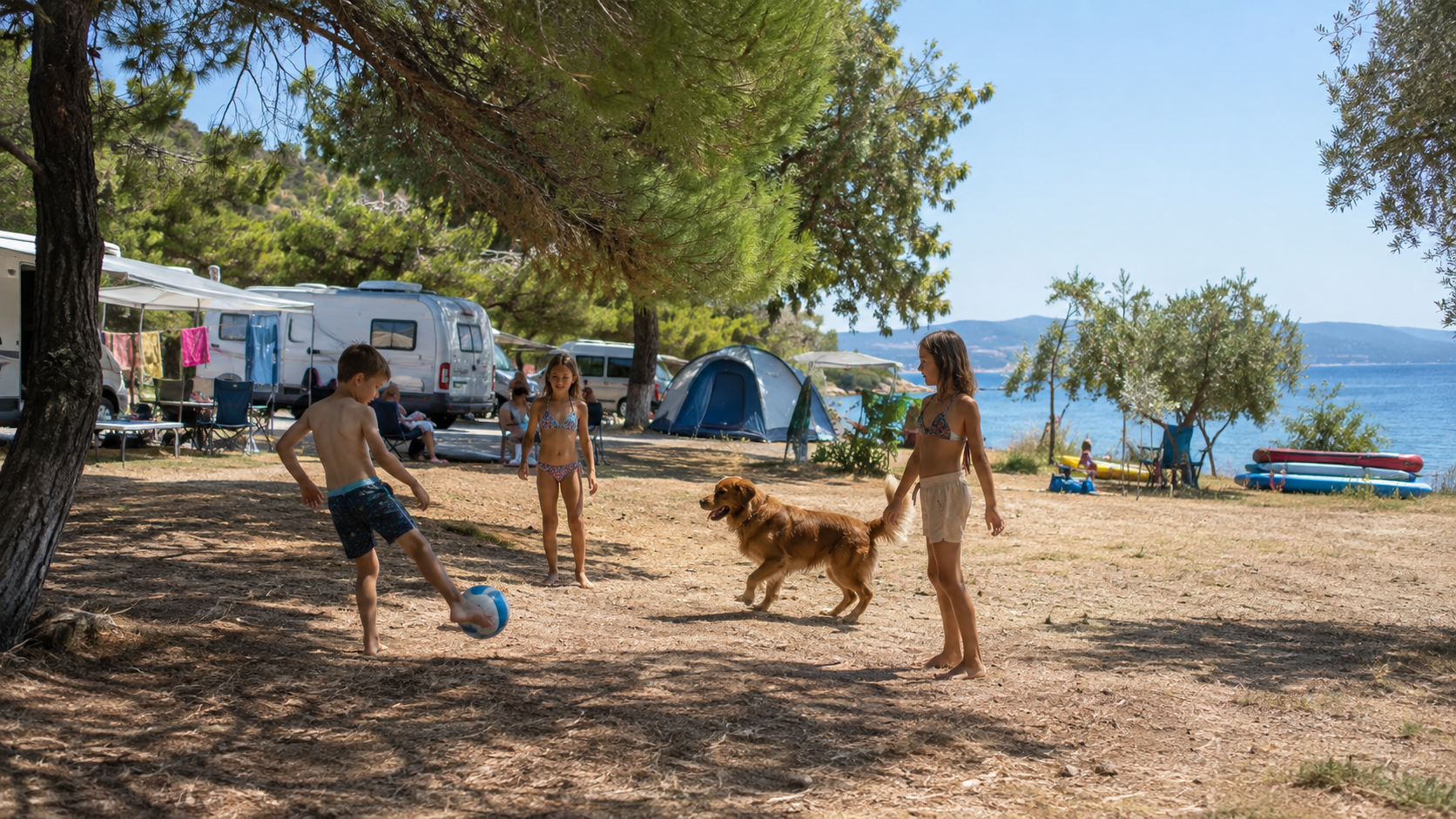 Kinder und Hund am Campingplatz